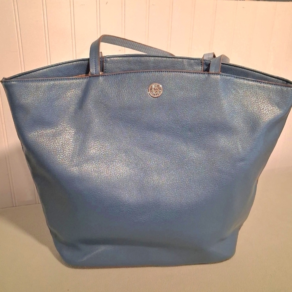 Anne Klein Blue Reversible Tote Bag Large Shoulder Purse Pebbled Lizard Texture